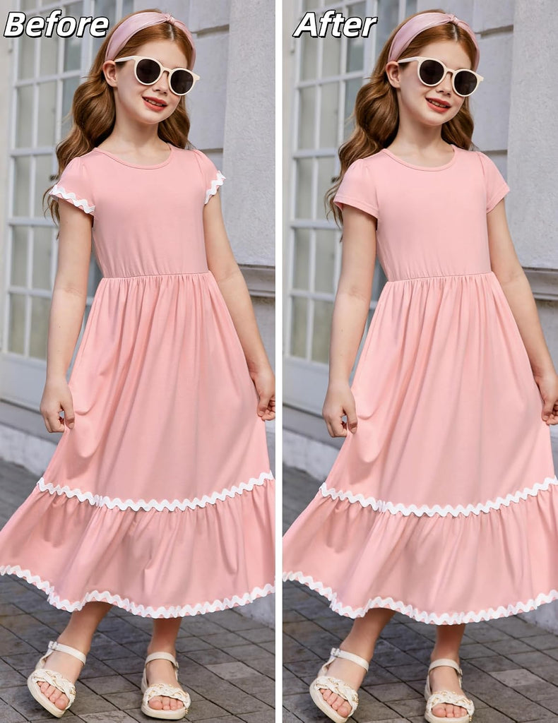 Girls Summer Maxi Dresses Short Sleeve Casual Flowy Tiered Dress