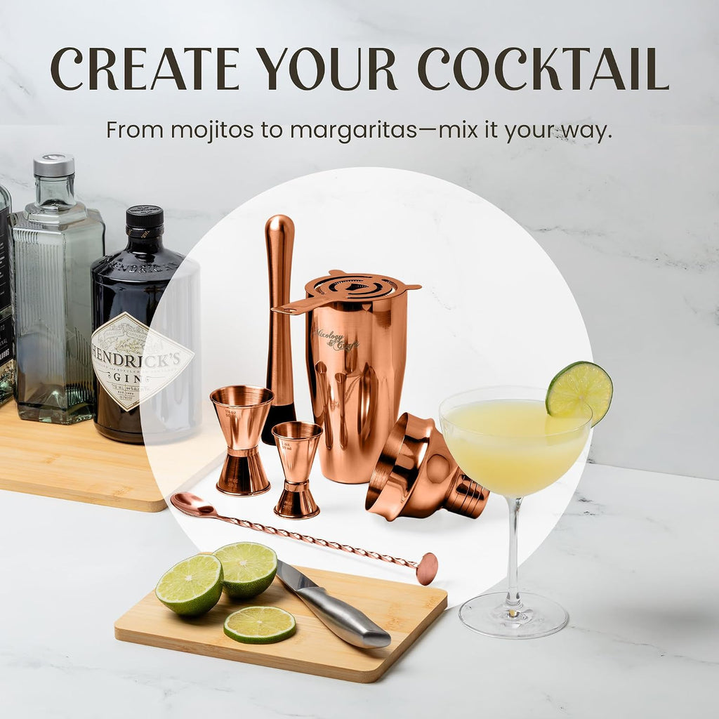 Rustic Cocktail Shaker Set - Includes Wood Stand, Complete Barware Kit with 24 Oz Shaker, Dual Jiggers, Pourers - Set of 11
