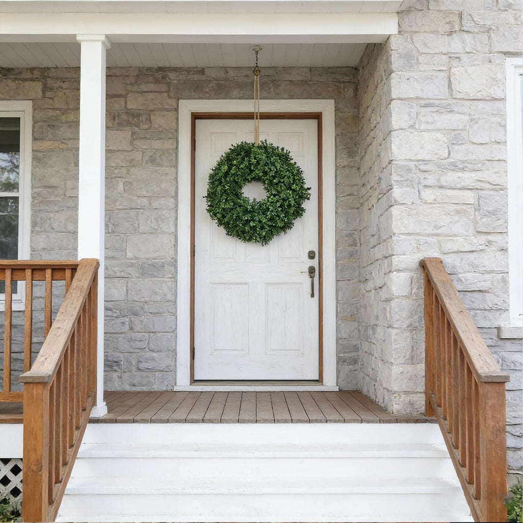 24 Inch Artificial Boxwood Wreath for Front Door - Lush Green Leaf Wreath for All Seasons, Faux Boxwood Door Decor