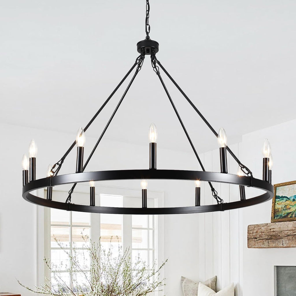 12-Light Black Wagon Wheel Chandelier for Dining Room Farmhouse Pendant Light Fixtures Outdoor for Rustic High