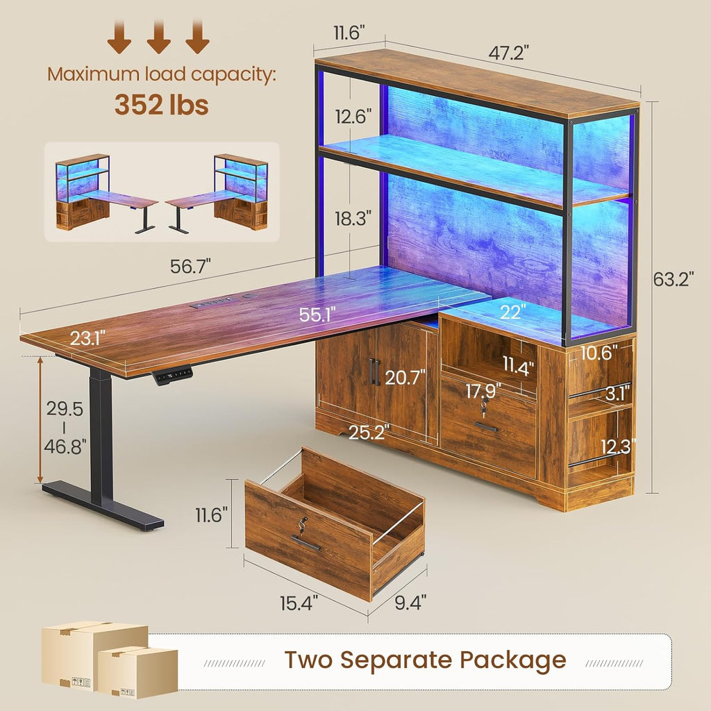57" L Shaped Standing Desk, Sit Stand Office Desk with Storage Hutch | Rustic Brown Reversible Stand Up Corner Gaming