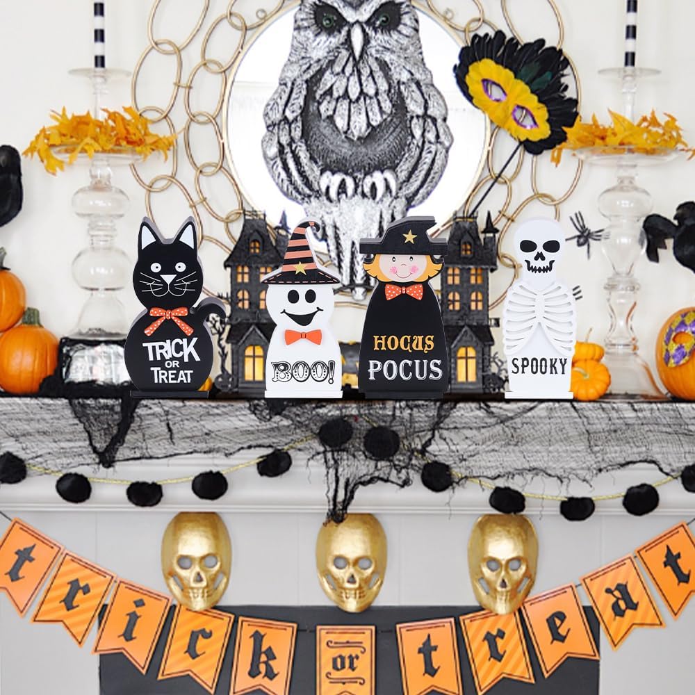 Halloween Decorations Indoor, Wood Blocks Halloween Table Decor, Ghost Black Cat Skull Witch Gothic Tabletop - Set of 4