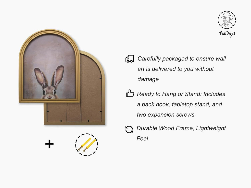 Gold Vintage Easter Bunny Framed Wall Art - Arched Wood Frame Rabbit Canvas Picture Aesthetic Wall Decor, Farmhouse