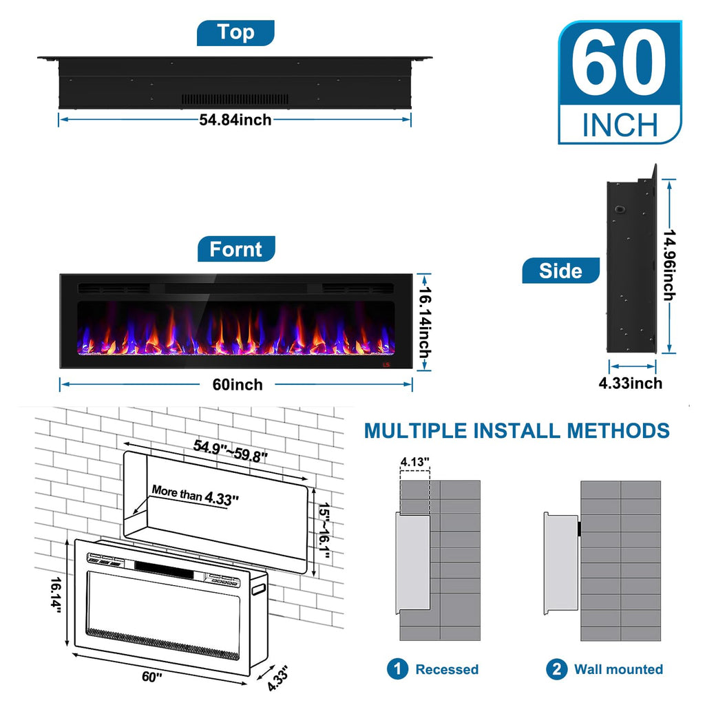 60 Inch Electric Fireplace Recessed and Wall Mounted, Fireplace Heater and Linear Fireplace, Ultra-Thin Electric