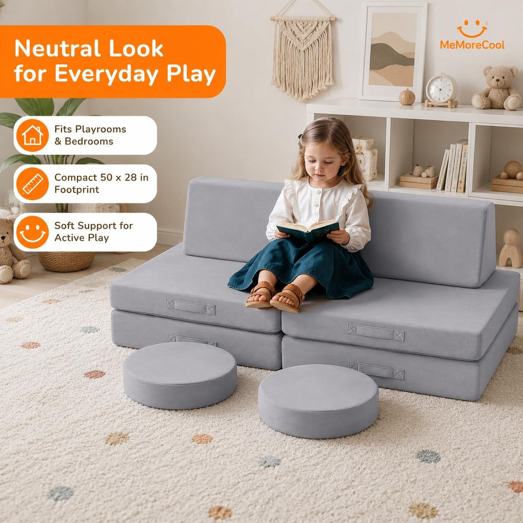Kids Couch, Light Grey Modular Foam Play Couch, Ages 3+