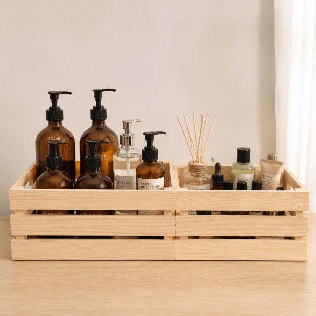 Set of 3 Small to Medium Rustic Wooden Nesting Crates with Handles, Decorative Tabletop Wooden Storage Box Counter