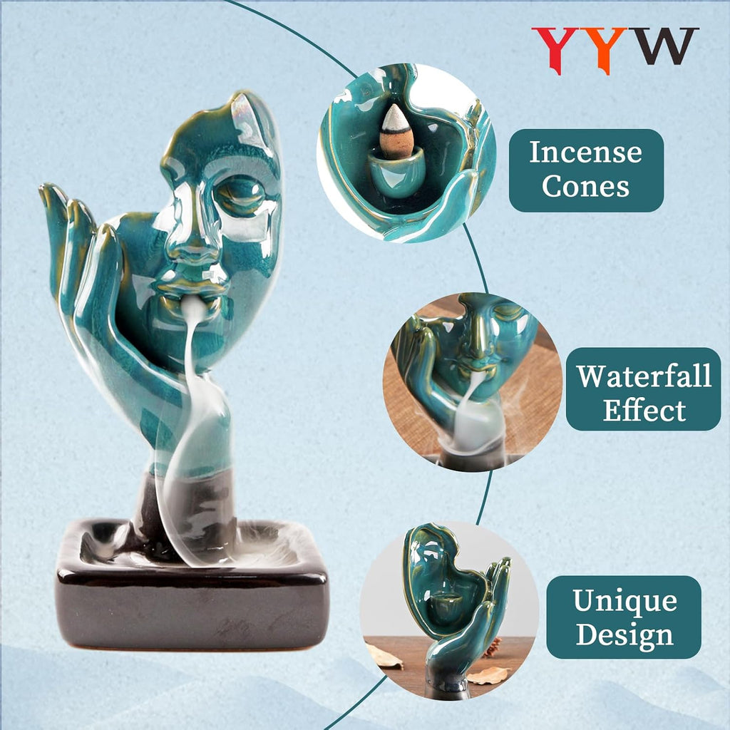Ceramic Incense Holder,Meditative Backflow Waterfall Incense Burner,Face Thinking Incense Waterfall with 20 Backflow - Set of 51