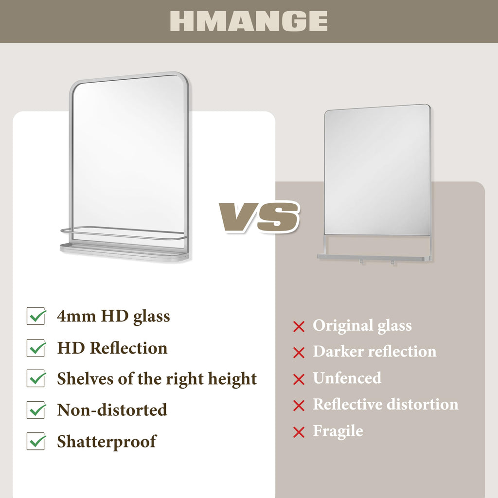 Sliver Bathroom Mirror with Shelf Vanity Mirror,Rectangle Metal Framed Rounded Corner Wall Mirror Living