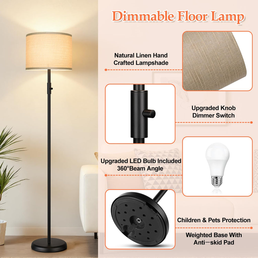 Floor Lamp Simple Design with Shade, Small Tall Lamps Bedroom Office Dining Room Kitchen-Black