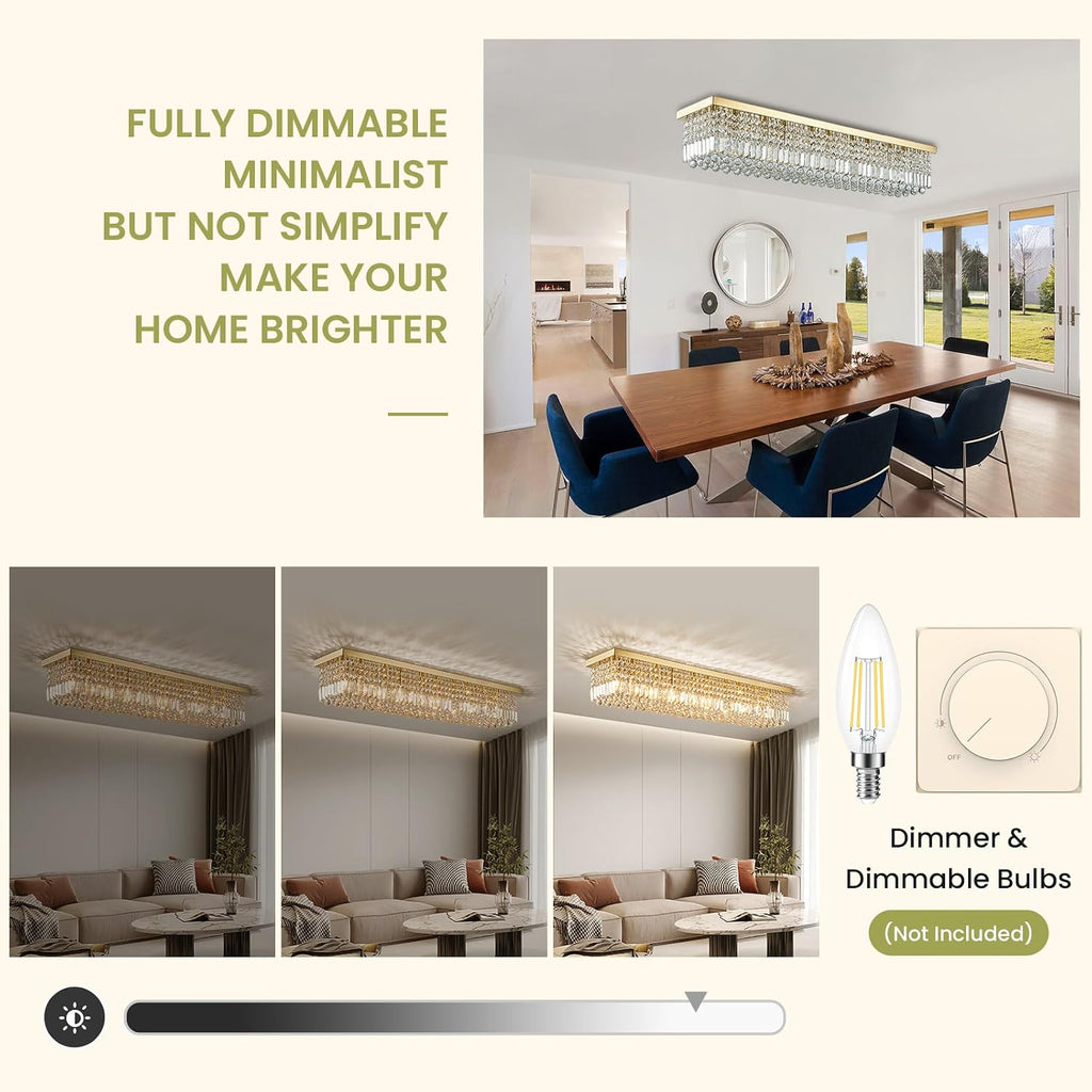 10-Light Modern Crystal Chandelier, Luxury Gold Rectangular Flush Mount Ceiling Light, Large Rectangle Raindrop