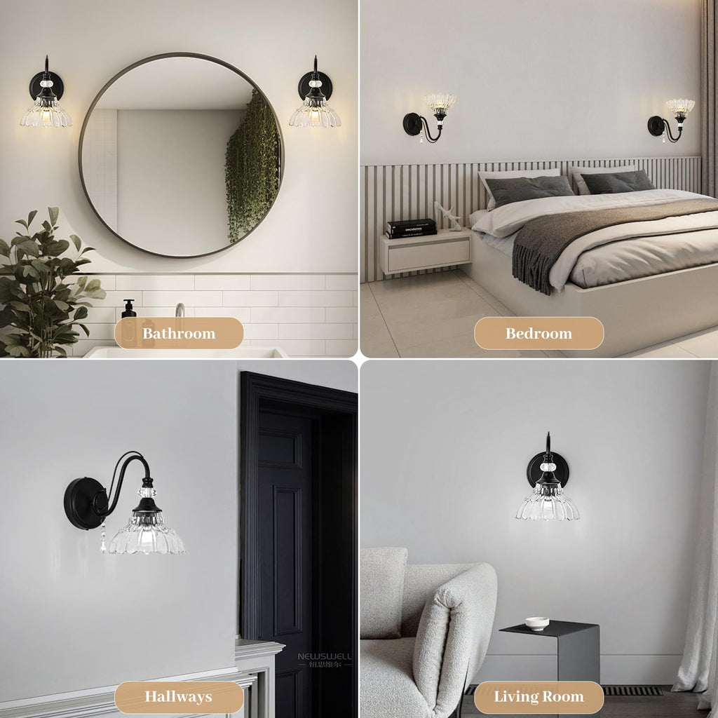 1 Piece Black Wall Sconce, 1-Light Black Farmhouse Wall Sconce with Hanging Crystal Accents and Flower-Shaped Clear