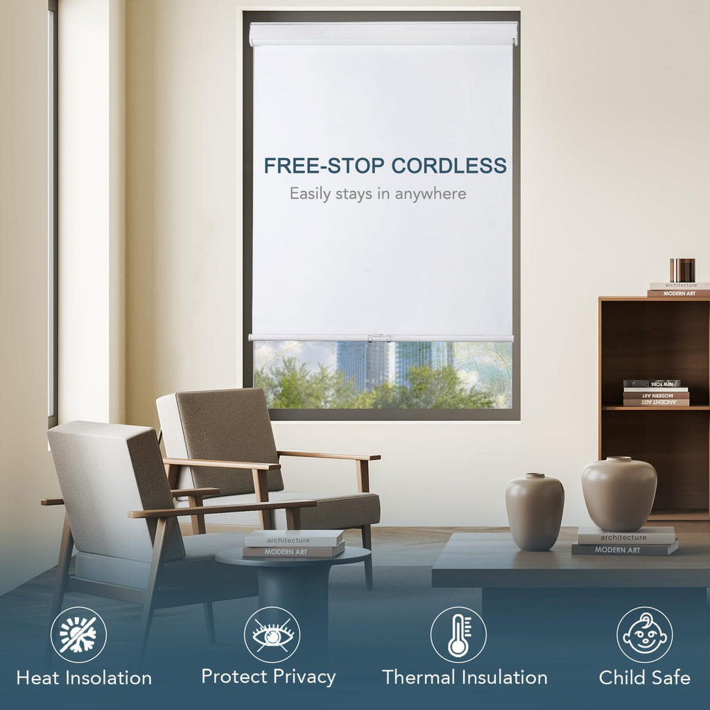 Roller Window Shades Free-Stop Cordless Blackout Blinds, Thermal Insulated Pull Down Shades for Windows, UV