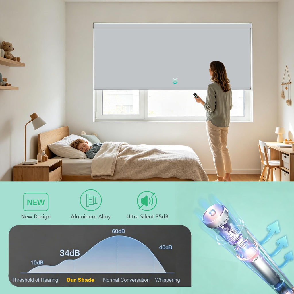 Motorized Blackout Cordless Window Shades, Remote Control Wireless and Rechargeable Window Blinds with Metal Valance
