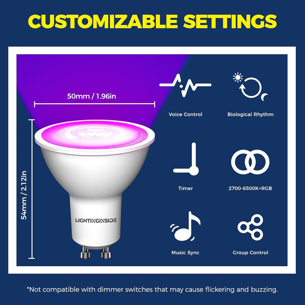 GU10 Smart Light Bulbs 50W, 38° Beam Angle RGBCW Color, 4PCS
