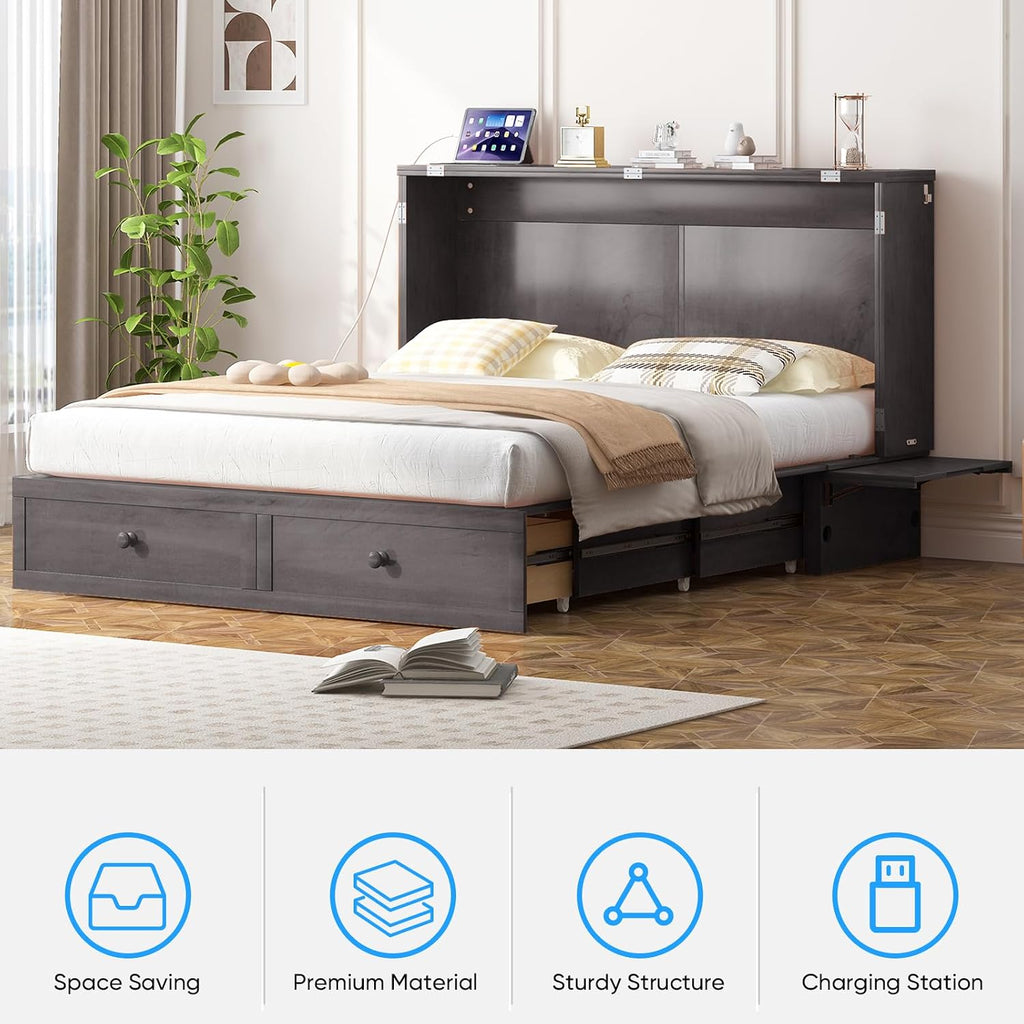 Murphy Bed Queen with Mattress Included, Hideaway Wallbed Cabinet Bed with 2 Storage Drawers, USB Charging Ports &