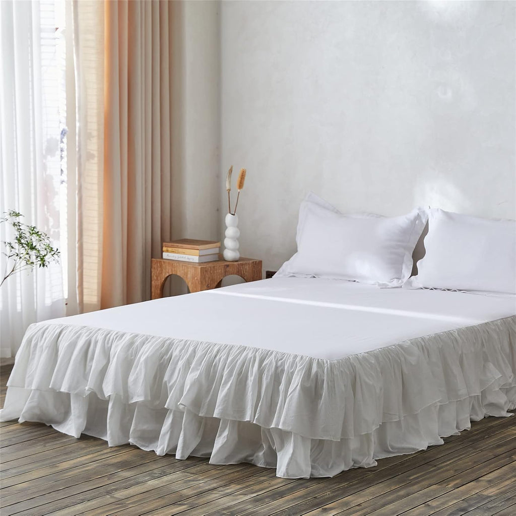 White Ruffled Bed Skirt 18-Inch Tailored Drop Cotton Voile Dust Ruffle Soft Cozy Elegant Luxurious Bedding (18"