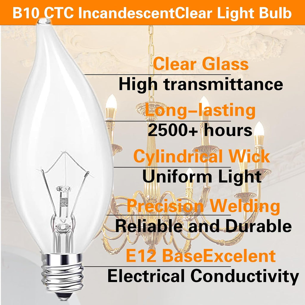 E12 Candle Light Bulbs, 60W Candelabra Light Bulbs, B10 Clear Candle Base Bulb with Warm White 2700K, 600 Lumen