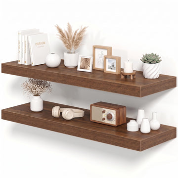 12 Inch Deep Floating Shelves Walnut, 36 Inch Long, 2" Thick Floating Shelves for Wall, Hidden Bracket