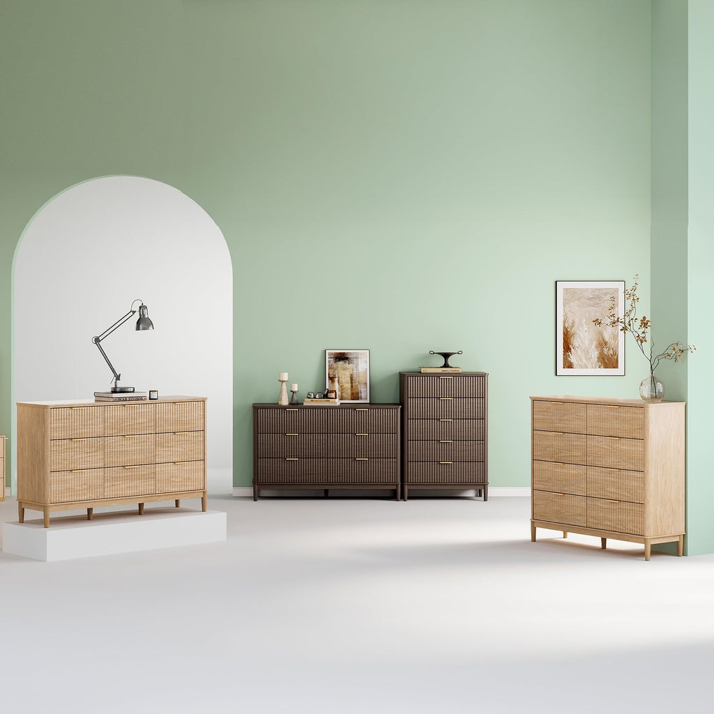 Fluted 8 Drawer Dresser, 47" Wide Mid-Century Modern Tall Chest of Drawers, Curved Corner Design, Storage Dressers