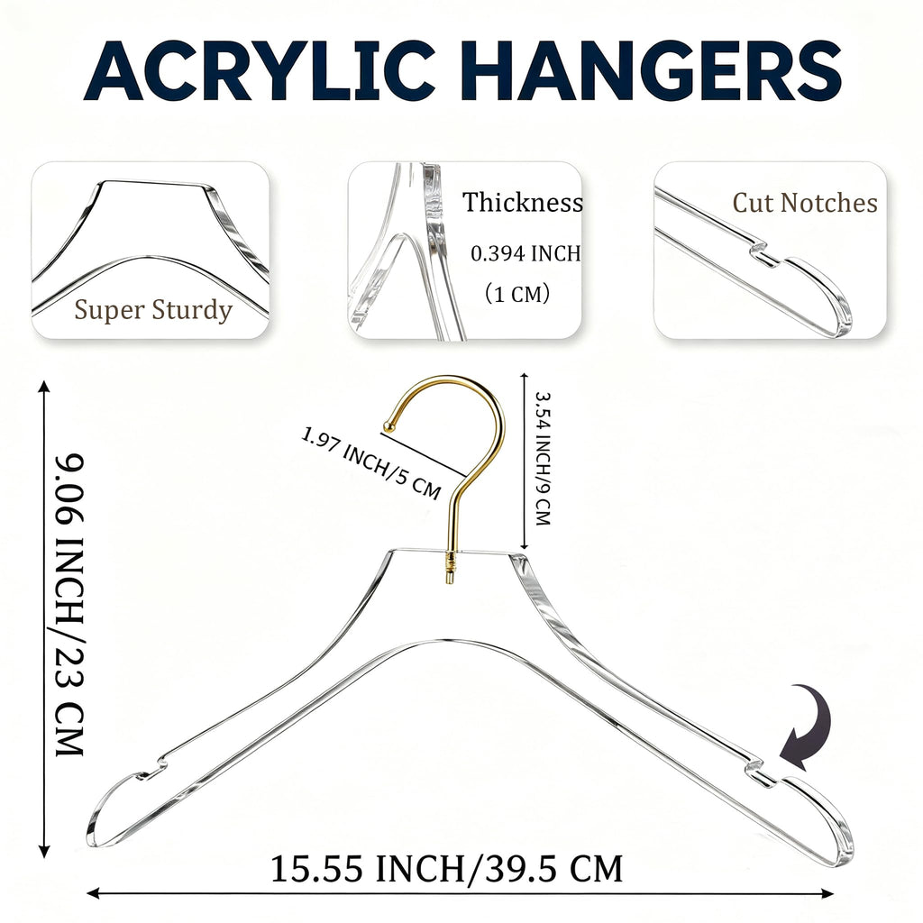 15 Pack Acrylic Hangers with Gold, Acrylic Clear Hanger, Premium Crystal Dress Hangers Swivel Gold Hook Luxurious Shiny