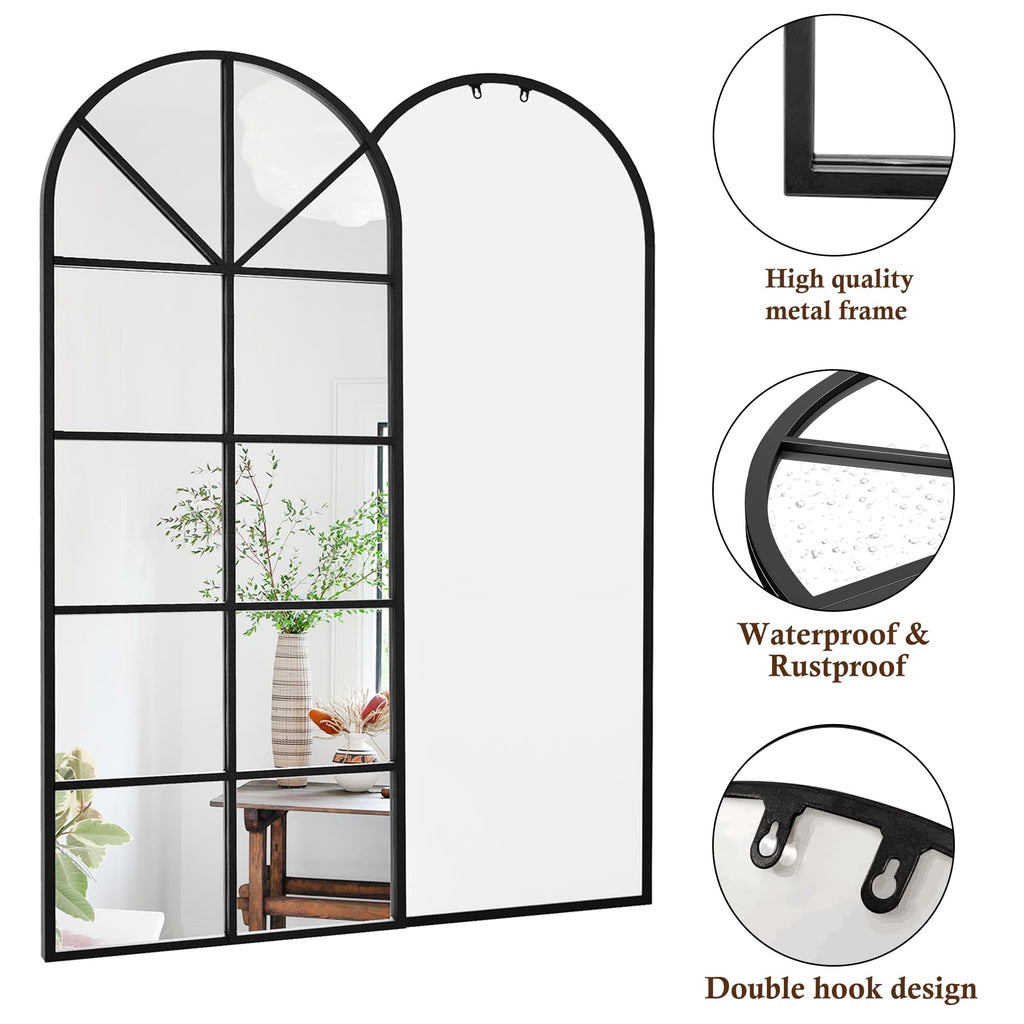 Arched Full Length Mirror, 65"x22" Windowpane Floor Mirror, Black