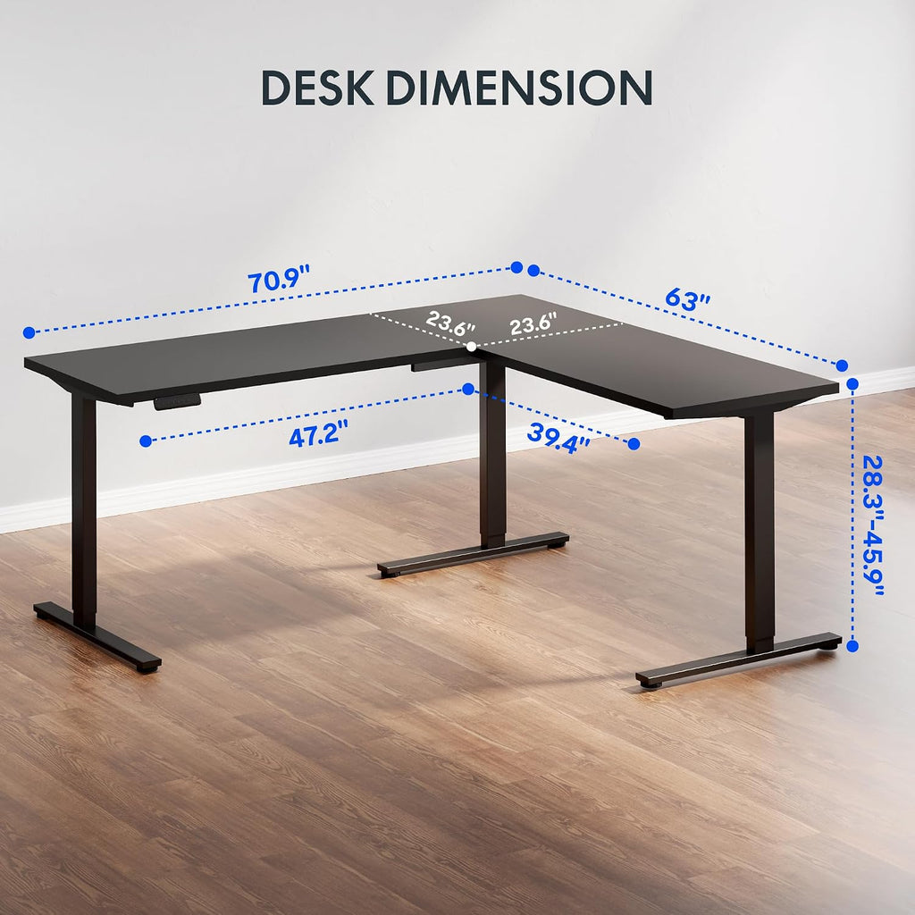 71 x 63 Reversible L-Shaped Corner Standing Desk, Black | Height Adjustable, Large Workspace, Anti-Collision, Memory