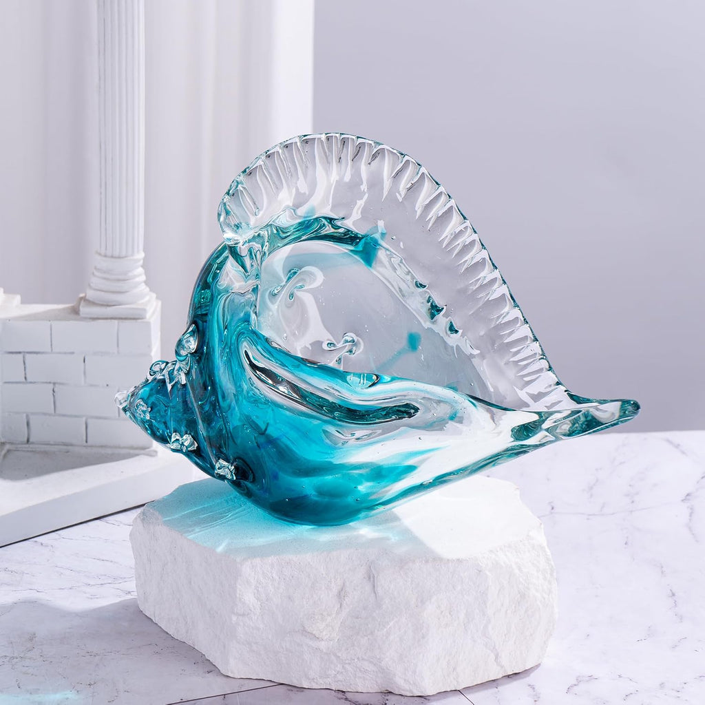 8" Blown Glass Conch Shell, Large Blue Glass Seashells Sculpture Table Centerpiece, Coastal Ocean Beach Themed Room