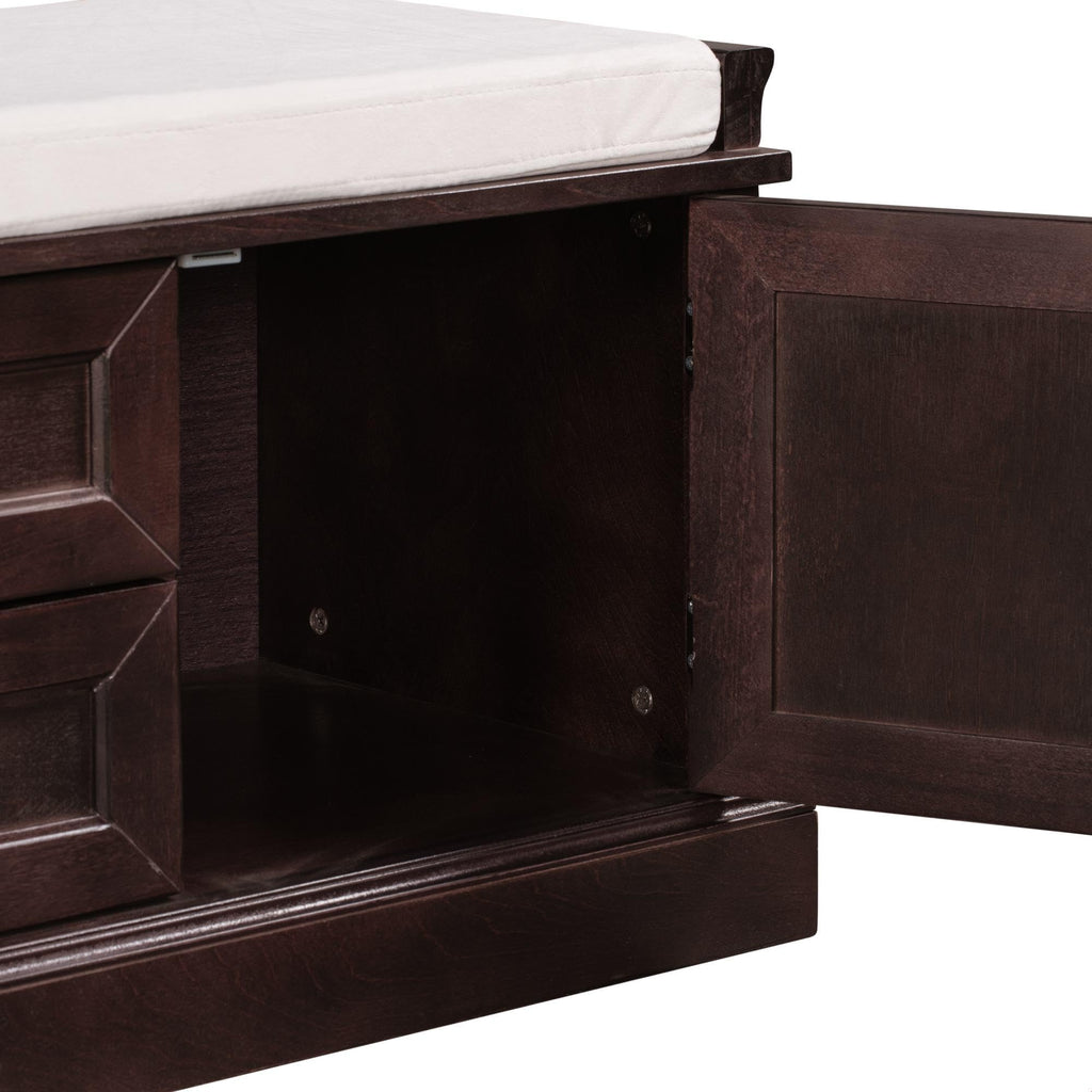 Rustic Storage Bench with 4 Doors 2 Draws Adjustable Shelves Removable Cushion Rectangular Cabinet Foot Rest Stool