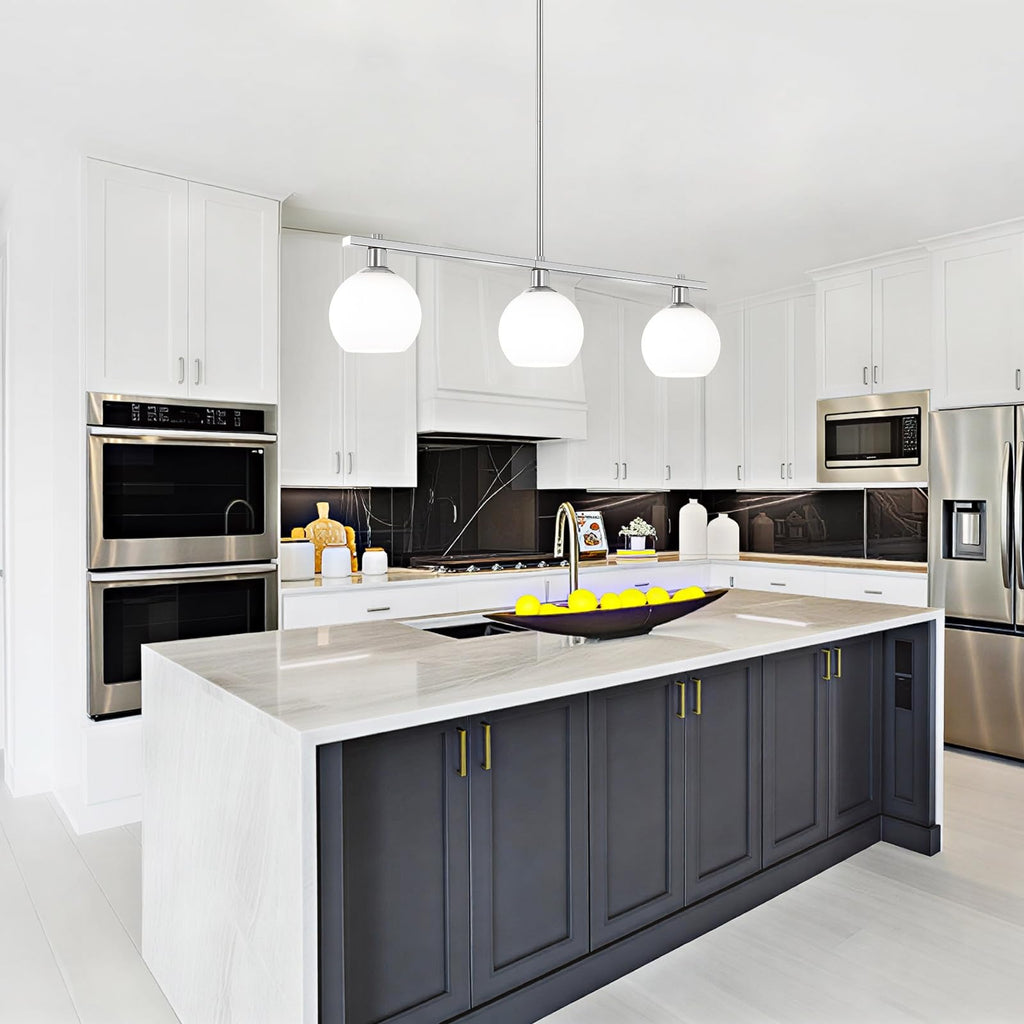 3 Lights Linear Pendant Light Kitchen Island Lighting with Milk Glass Shade, Modern Farmhouse Chandelier, Brushed
