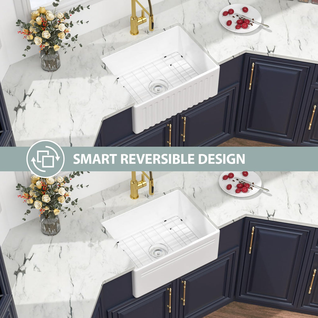 24 White Farmhouse Kitchen Sink - 24X18 Inch Farmhouse Sink Reversible Apron Front Ceramic Porcelain Farm Sinks