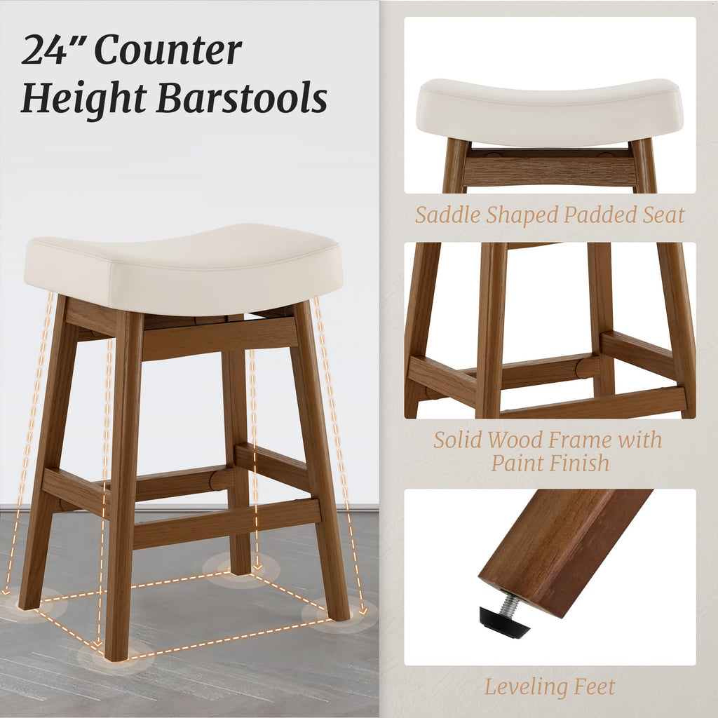Bar Stools Set of 3, Barstools with Sturdy Wood Legs, Saddle Seat Counter Height Bar Stools Counter, Bar, Dining, 24