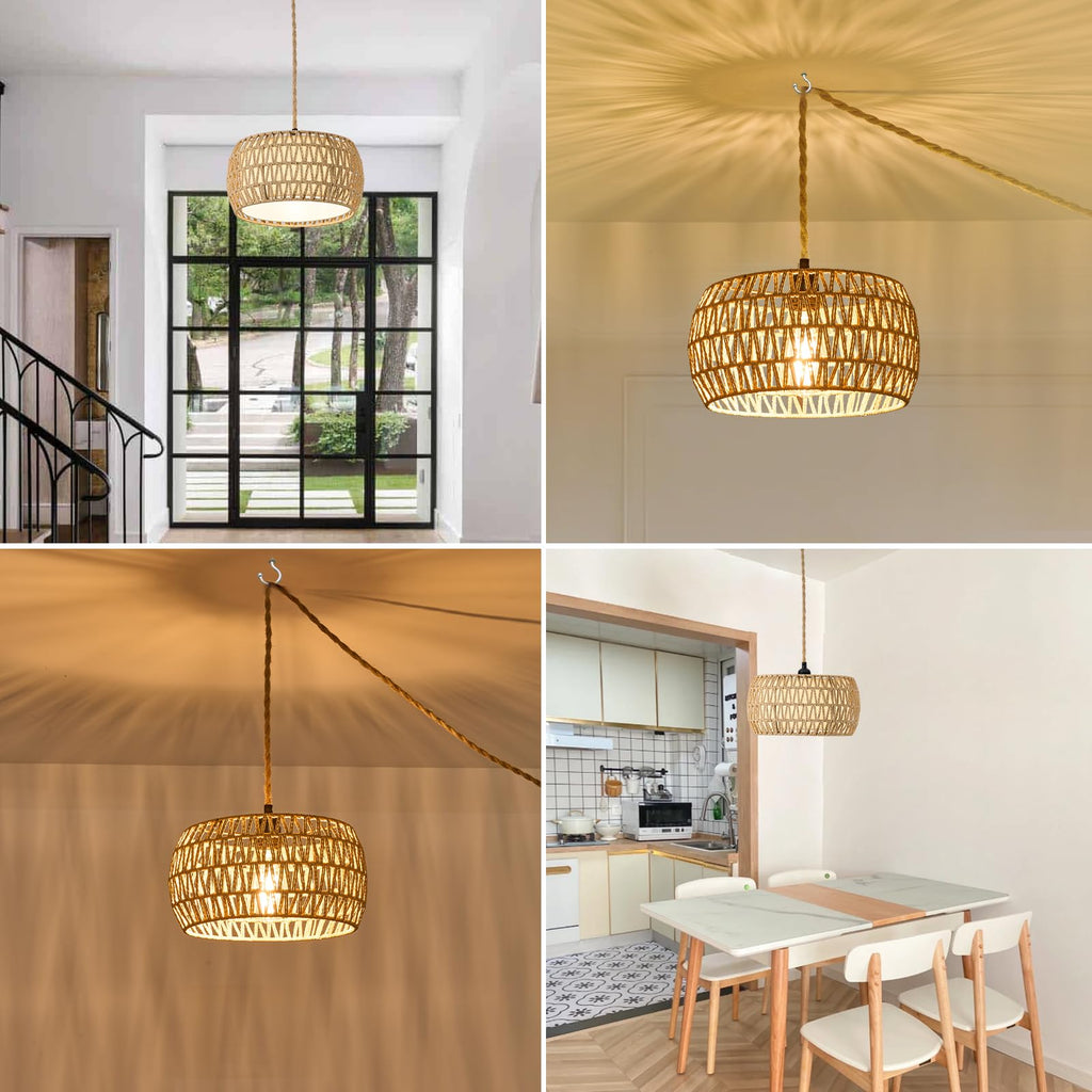 Boho Rattan Pendant Lights Farmhouse 12 Inch Plug in Chandelier