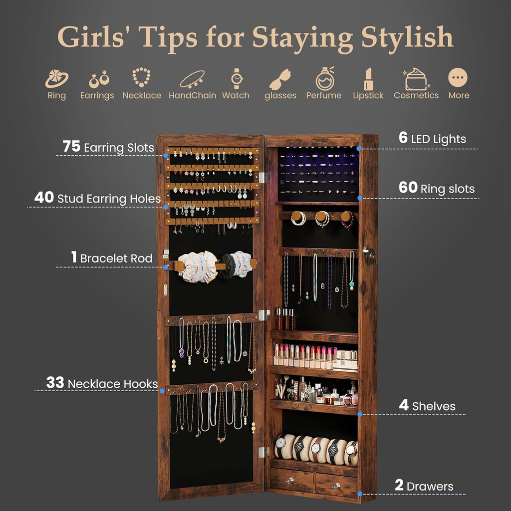 6 LEDs Mirror Jewelry Organizer Cabinet, Jewelry Armoire, 47.2 Inch
