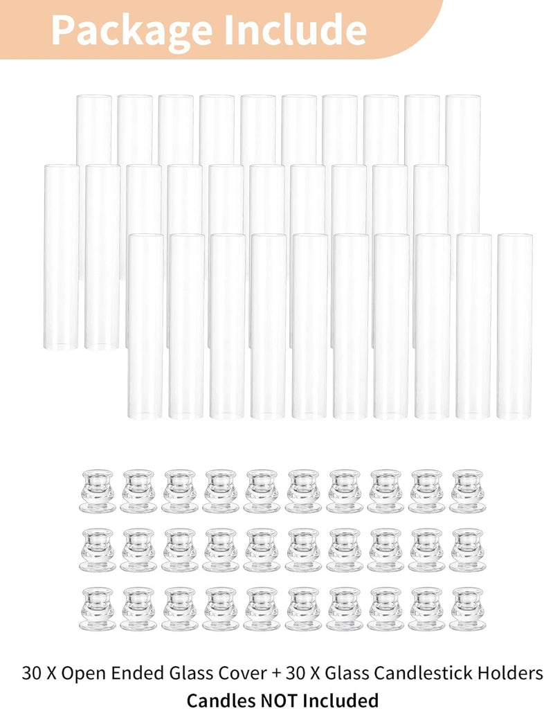 Hurricane Glass Candle Holders: Set of 30 Candlestick Holder with Thickend Windproof Chimney Covers - Tall Taper