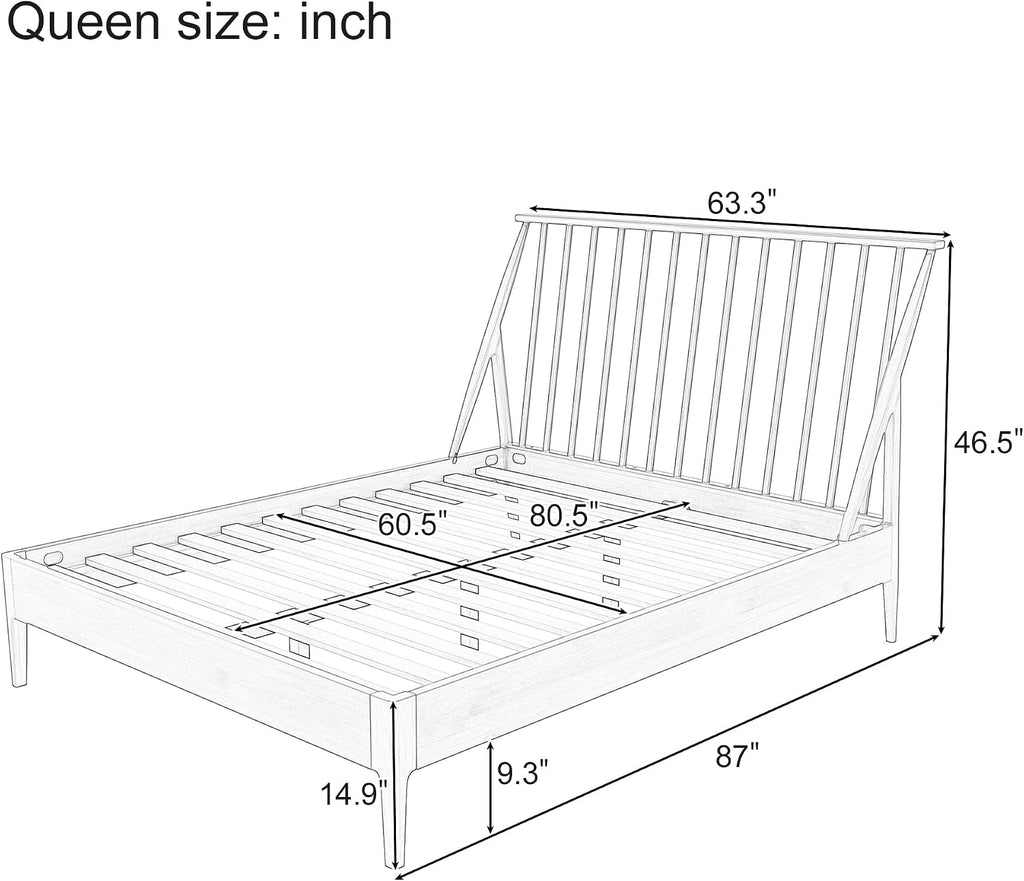 Queen Solid Bamboo Wood Spindle Platform Bed with 46.5" Tall Headboard, Bohemian Bed Frame with Wooden Slats and