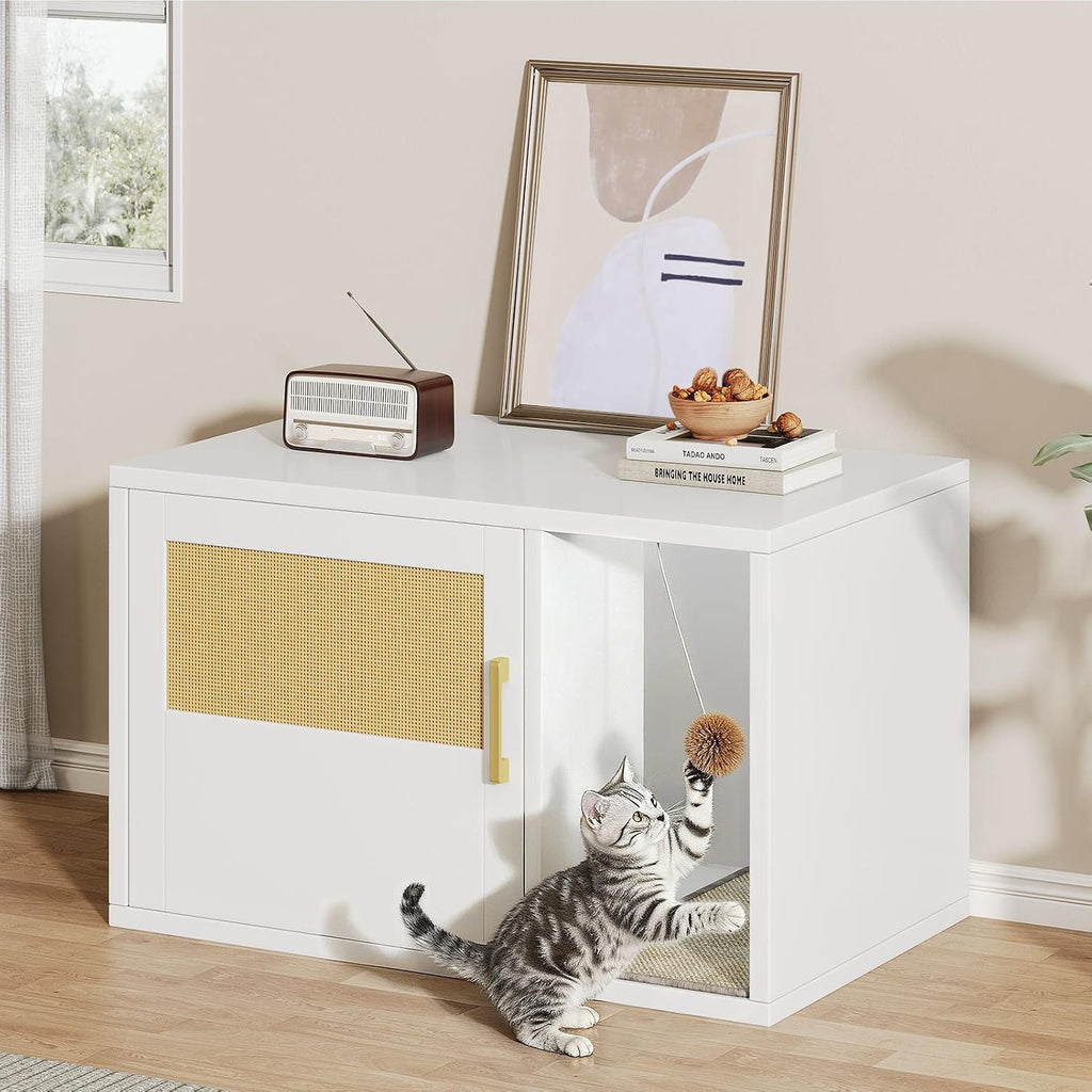Cat Litter Box Enclosure Furniture - Hidden Cabinet with Odor Control & Scratching Pad, Wooden End Table Bedroom