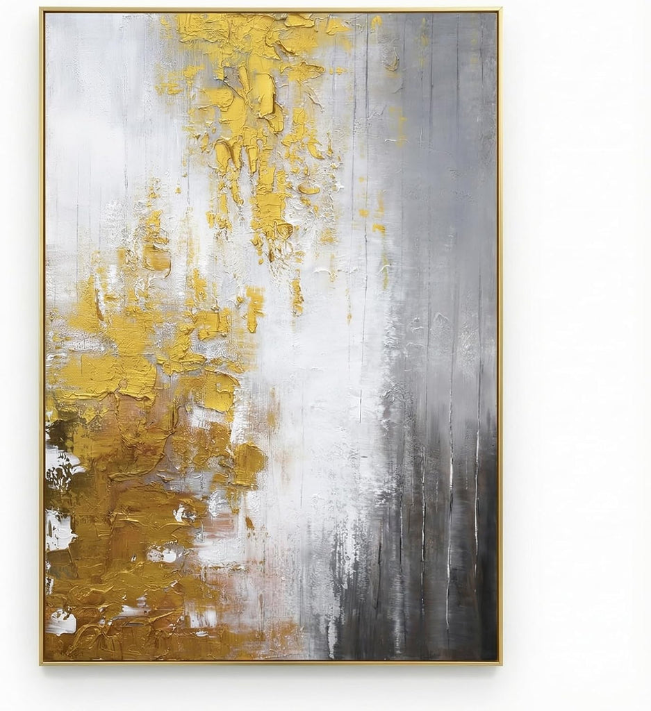 Hand-Painted Black and White Abstract Oil Painting on Canvas for Entrance-Hall, Framed Gold Wall Art ,Large 3D Wall