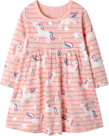 Girls Cartoon Dress Applique Party Dresses Casual Jersey Cotton Long-Sleeved