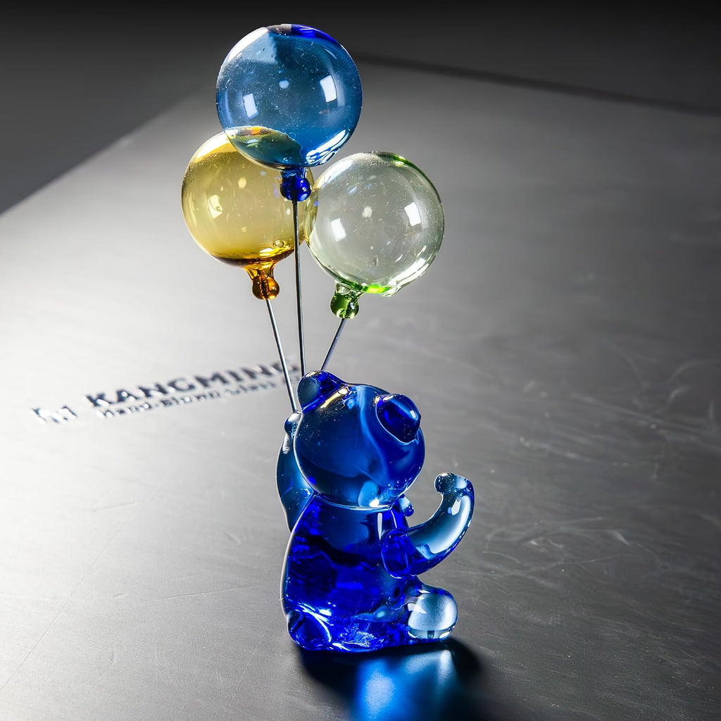 Hand-Blown Glass Bear Figurine with Balloons, Sapphire Blue Animal Sculpture, Kawaii Room Decor & Refreshing Desk