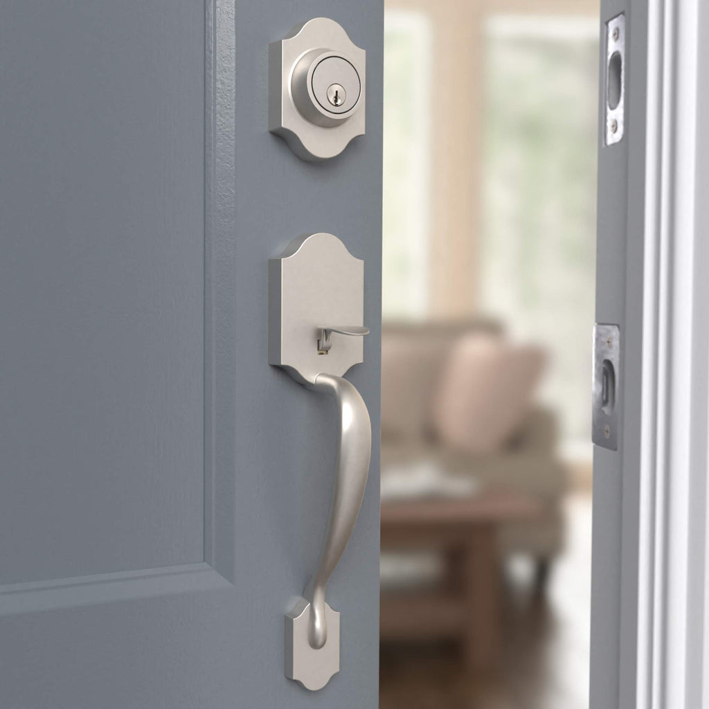 Front Door Lock Set, Handleset with Shelby Lever, Single Cylinder, Easy to Install, Satin Nickel