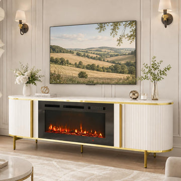 Luxury Fluted TV Stand with Fireplace, 70 inch, White