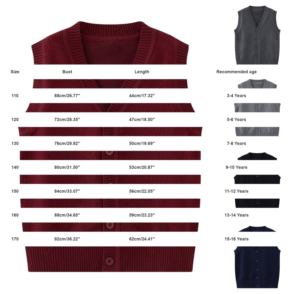 Knit Vest Boys Girls Button‐Up School Uniform Sleeveless Sweater Grey