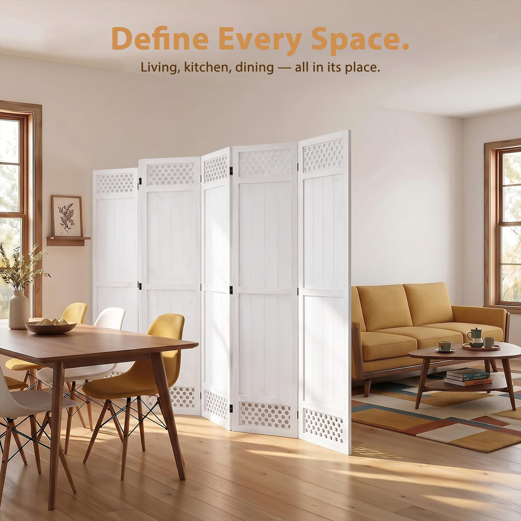 Wood Room Divider Privacy Screen, White Carved Room Divider 6 Panel 67"