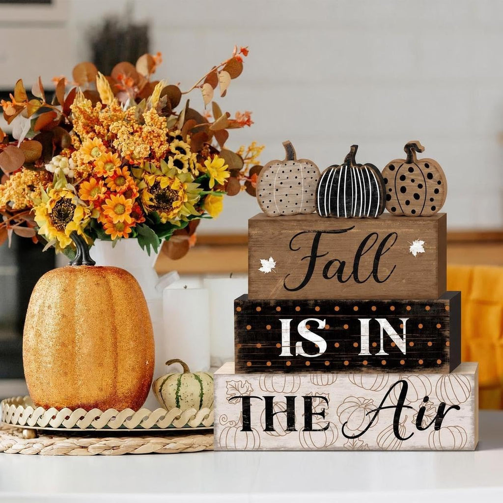 Fall Pumpkin Dot Tiered Tray Decor Set, 4 Pack, Wooden Table Sign