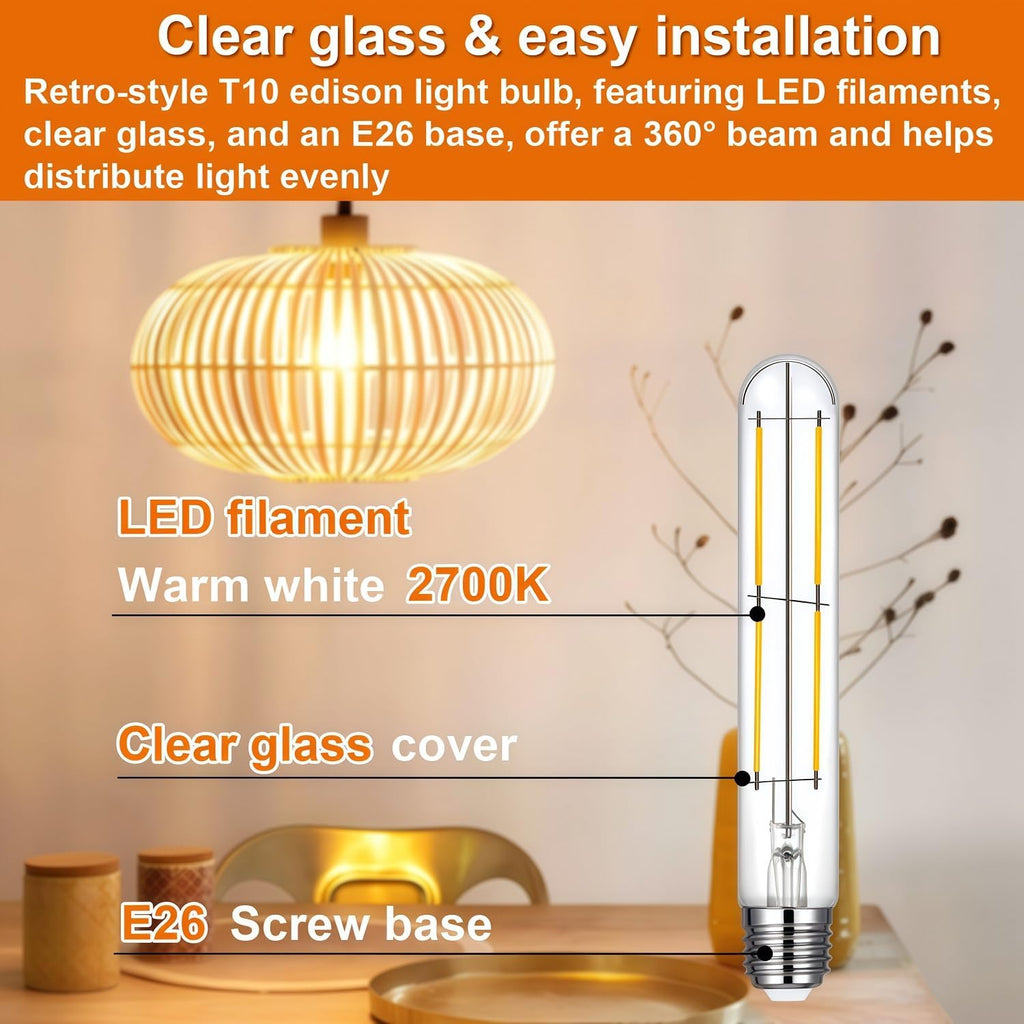 7.3 Inch LED T10 Tubular Edison Bulb 2700K 6W Dimmable E26 Base