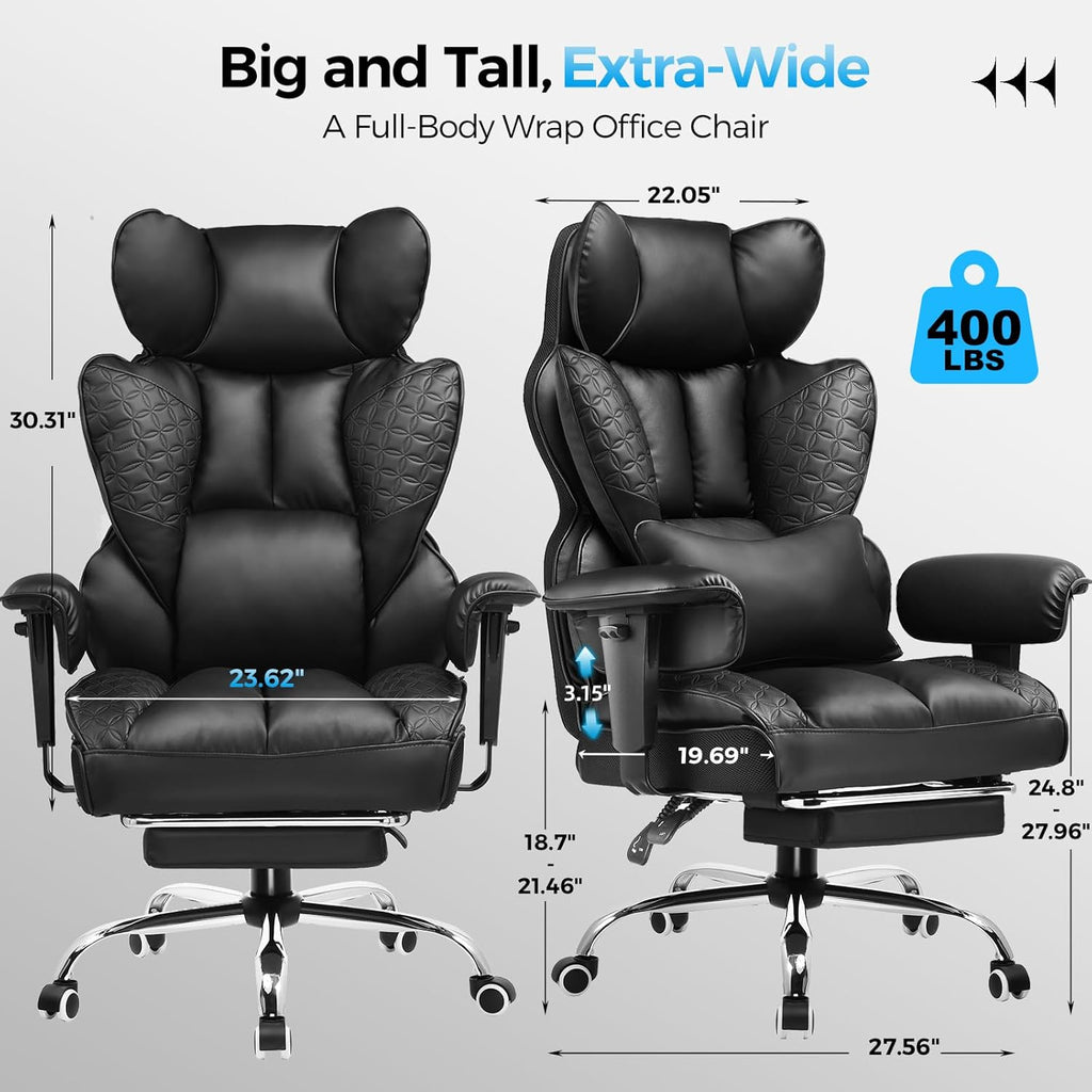 Big and Tall Gaming Chair 400lbs Heavy Duty Office Chair with Footrest, High Back Pocket Spring Lumbar Support
