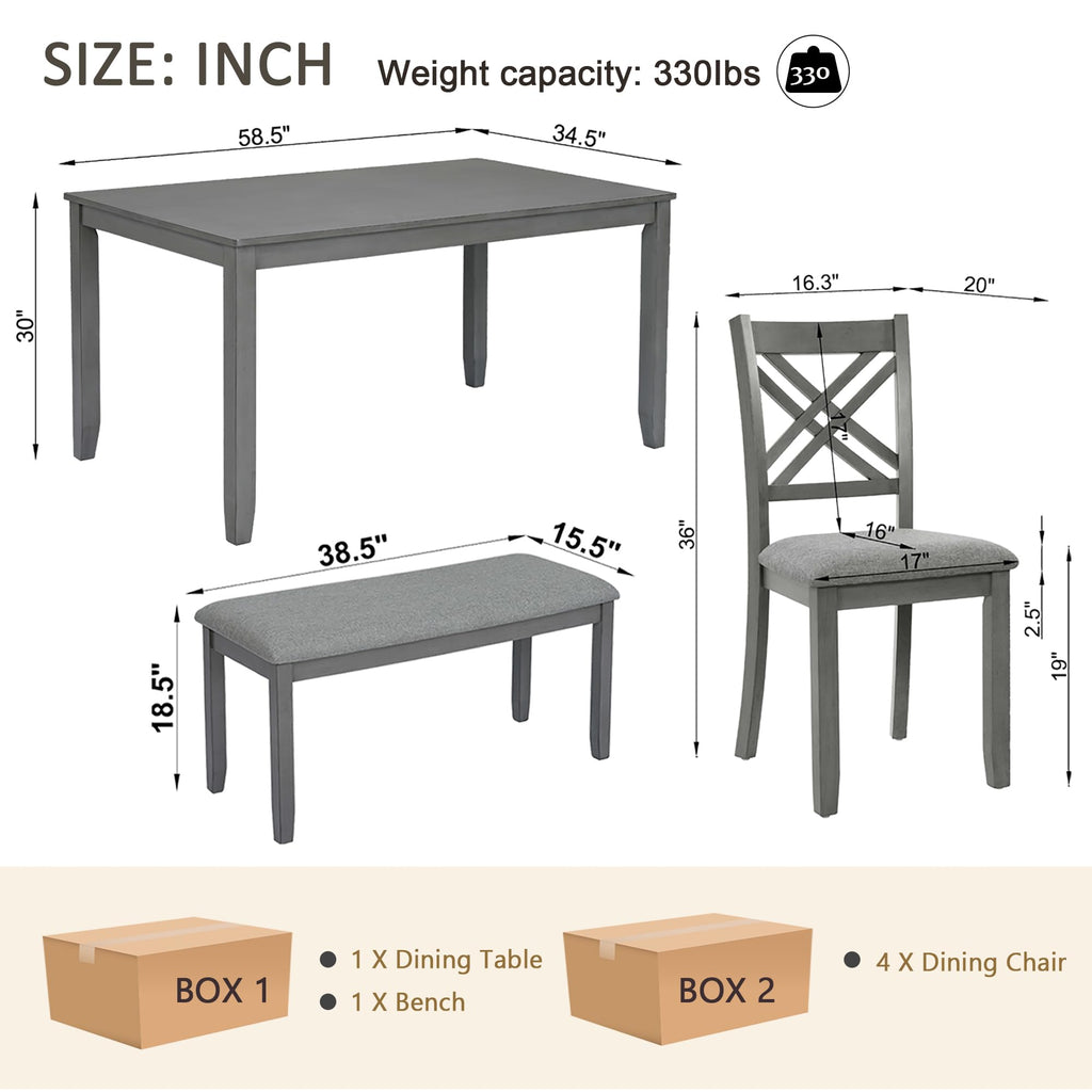 6 Piece Kitchen Dining Room Set, Rectangular Wooden Dining Table with 4 X-Back Upholstered Chairs and 1 Bench, Modern