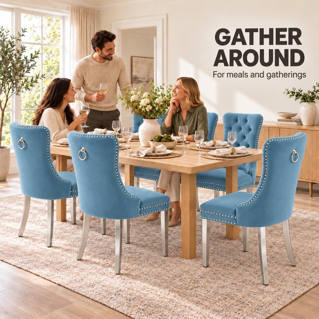 Luxury Upholstered Dining Chairs Set of 4, Light Blue Kitchen Chair with Silver Metal Legs, Velvet Tufted Back Dining