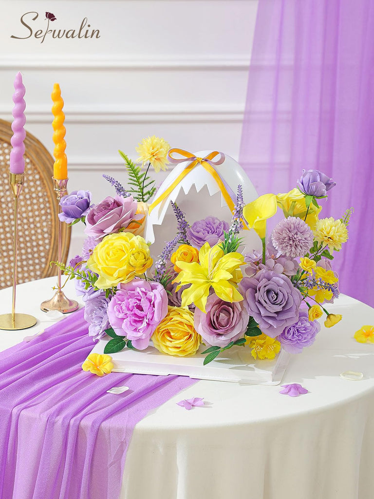 Artificial Yellow & Purple Flowers Silk Fake Rose Flower for Decor