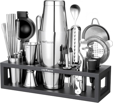 Bartender Kit with Black Bamboo Stand, 31-Piece Cocktail Shaker Set, 20/28 oz Boston Shaker Set Bar, Mixology Bar - Set of 31